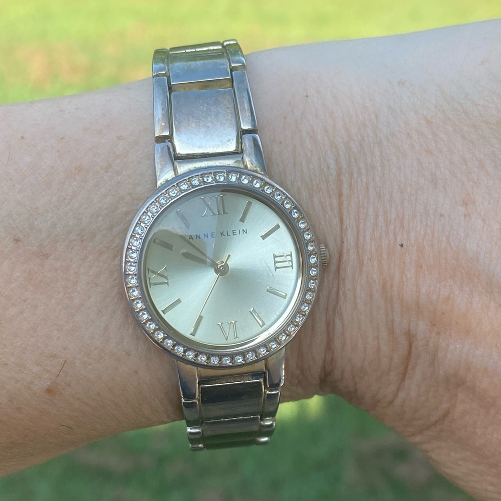 Anne Klein link watch Roman numerals water resistant crystal accent